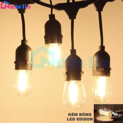 Bộ dây đuôi đèn ngoài trời chống nước 10 met 10 đuôi mắc nối tiếp E27 220V Ngân Tin (kèm 10 bóng led edison 4w ánh sáng vàng)