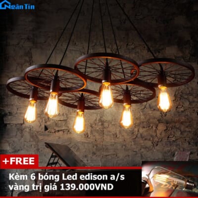 Bộ 6 đèn thả trần bánh xe trang trí nhà quán cà phê THCN110 Ngân Tin (Tặng kèm 6 bóng Led Edison 4w)