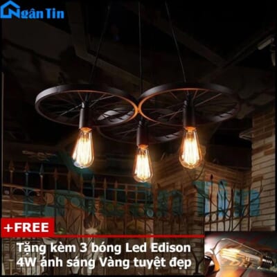 Bộ 3 đèn thả trần bánh xe trang trí nhà quán cà phê THCN118 Ngân Tin (Tặng kèm 3 bóng Led Edison 4W)