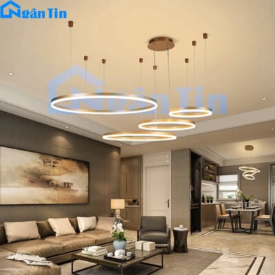 Đèn thả trần 4 vòng Led 20-40-60-80 trang trí sảnh phòng khách Led 3 màu 220V THD7046V Ngân Tin