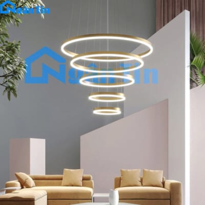 Đèn thả trần 5 vòng Led 20-40-60-80-100 trang trí phòng khách bàn ăn Led 3 chế độ màu 220V THD7051T5 Ngân Tin