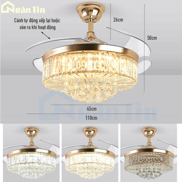 Quạt Trần Đèn Chùm Pha Lê Cánh Cụp Xòe Giấu Cánh Trang trí Phòng Khách Phòng Ngủ VF27 Ngân Tin - Image 2