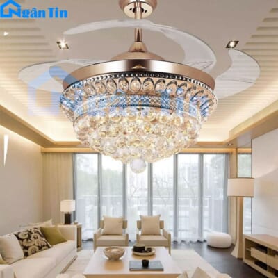 Quạt Trần Đèn Chùm Pha Lê Trang trí Phòng Khách Cao Cấp VF22 Ngân Tin (Kèm remote điều khiển từ xa)