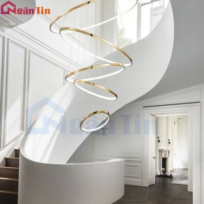 Đèn thả trần thông tầng 5 vòng Led 30-40-60-80-100 trang trí sảnh cầu thang phòng khách tích hợp Led 3 chế độ màu THD7055 Ngân Tin
