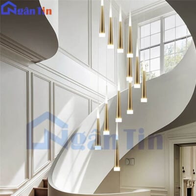Đèn thả thông tầng sao băng 12 ống trang trí cầu thang phòng khách Led 84W ánh sáng vàng TH8004 Ngân Tin