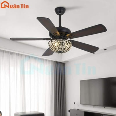 Quạt Trần Đèn chùm pha lê 5 Cánh Gỗ Phòng Khách Phòng Ngủ Cao Cấp VF92 Ngân Tin (Tặng kèm remote điều khiển từ xa)