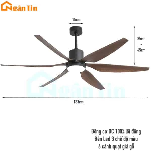 Quạt Trần 6 Cánh Giả Gỗ Đèn Led Phòng Khách Phòng Ngủ Cao Cấp VF64 Ngân Tin (Tặng kèm remote điều khiển từ xa) - Image 2