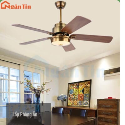 Quạt Trần Đèn 5 Cánh Giả Gỗ Trang Trí Sảnh Phòng Khách Cao Cấp QT33C Ngân Tin (Kèm remote điều khiển từ xa)