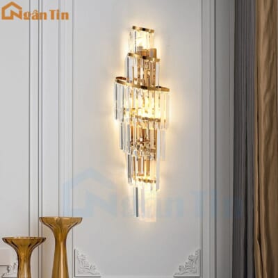 Đèn pha lê treo tường ốp tường đế vàng trang trí sảnh phòng khách Led 3 chế độ màu 220V VPL31 Ngân Tin