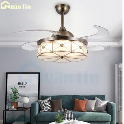 Quạt Trần Đèn Mâm Cánh Cụp Xòe Giấu Cánh Trang trí Phòng Khách Phòng Ngủ VF08 Ngân Tin