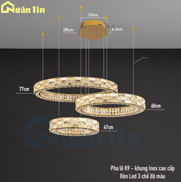 den tha tran 3 vong led trang tri phong khach phong ngu ban an led 3 mau th8807 ngan tin 7