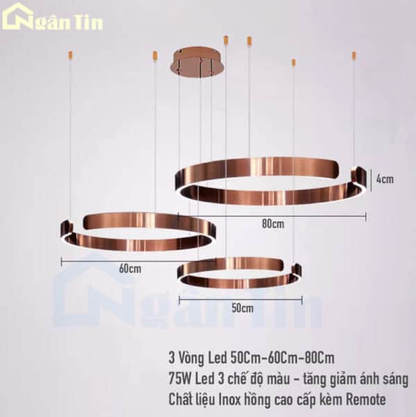 Đèn thả trần phòng khách 3 vòng Led 50-60-80 trang trí sảnh bàn ăn dimmer Led 3 chế độ màu THD7258T3 Ngân Tin - Image 2