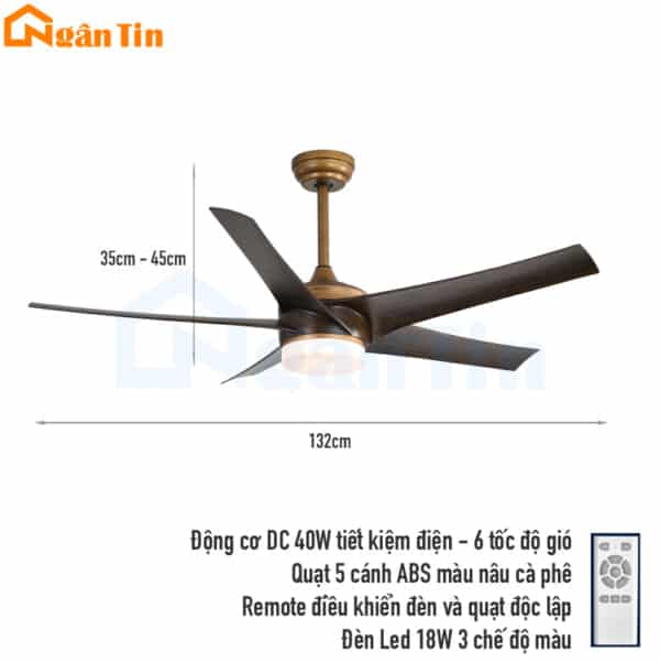 Quạt Trần 5 Cánh Đèn Led Trang Trí Sảnh Phòng Ngủ Phòng Khách VF432 Ngân Tin - Image 2