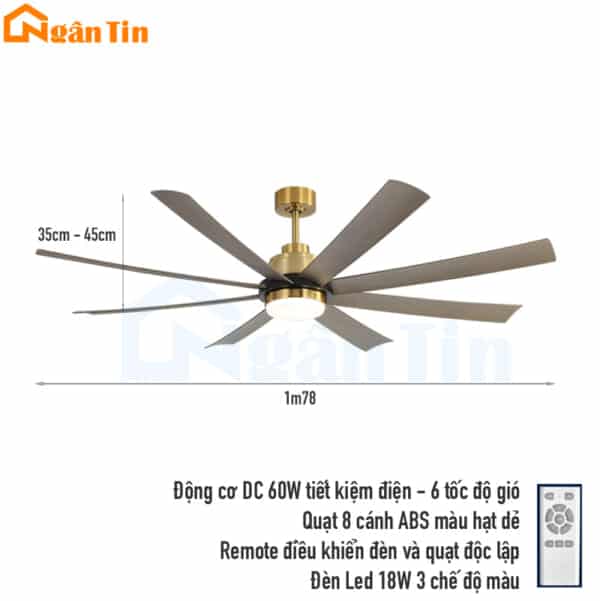 Quạt Trần 8 Cánh Đèn Led Trang Trí Sảnh Phòng Ngủ Phòng Khách VF435 Ngân Tin - Image 2