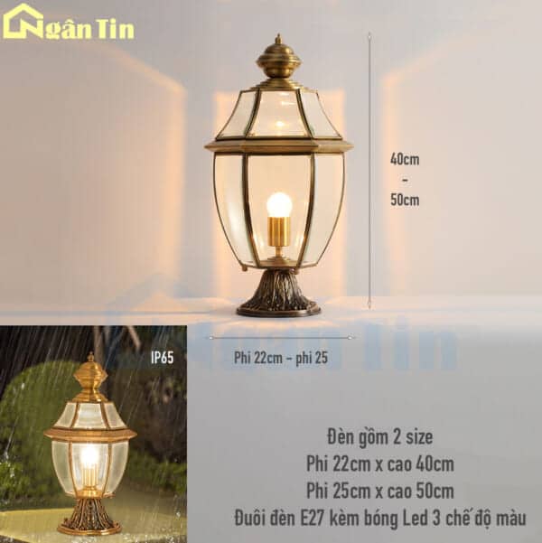Đèn trụ cổng đồng trang trí cổng sân vườn cổng tường rào 12W E27 220V TD26 Ngân Tin - Image 2