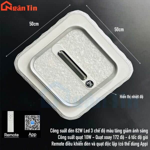 Đèn Mâm Ốp Trần Vuông Kèm Quạt Trang Trí Phòng Ngủ Phòng Khách OTA44V Ngân Tin (Kèm remote) - Image 2