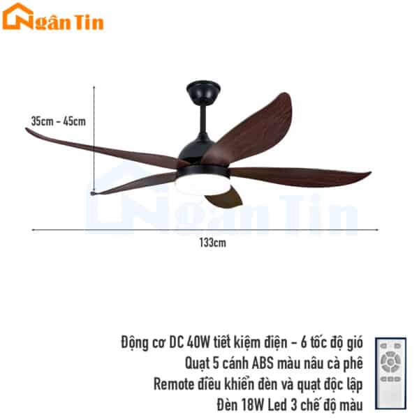 Quạt Trần 5 Cánh Đèn Led Trang Trí Bàn Ăn Phòng Ngủ Phòng Khách VF58C Ngân Tin - Image 2