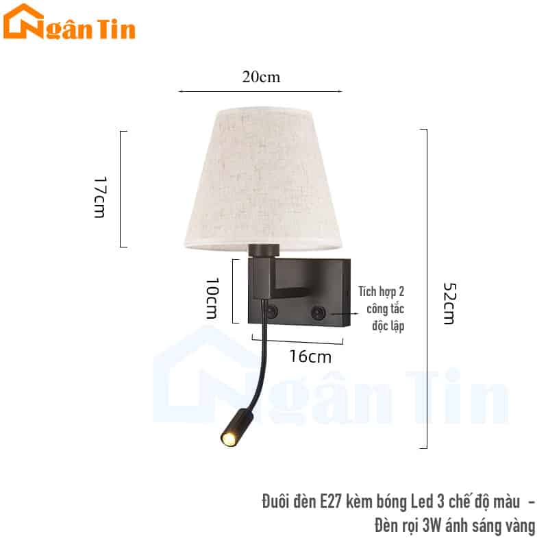 Đèn ngủ treo tường gắn tường trang trí phòng khách Led 3 màu E27 220V VDN507 Ngân Tin 9 den treo tuong gan tuong doc sach phong ngu vdn507 ngan tin 4