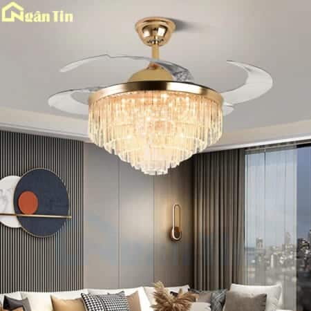 Quạt Trần Đèn Chùm Pha Lê Cánh Cụp Xòe Giấu Cánh Trang trí Phòng Khách Phòng Ngủ VIFA86 Ngân Tin