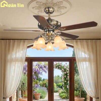 Quạt Trần Đèn Chùm Cổ Điển 5 Cánh Gỗ Trang Trí Phòng Khách Phòng Ngủ QT5213 Ngân Tin