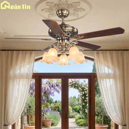 Quạt Trần Đèn Chùm Cổ Điển 5 Cánh Gỗ Trang Trí Phòng Khách Phòng Ngủ QT5213 Ngân Tin