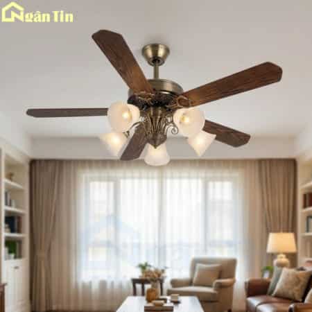 Quạt Trần Đèn Chùm Cổ Điển 5 Cánh Gỗ Trang Trí Phòng Khách Phòng Ngủ QT5214 Ngân Tin